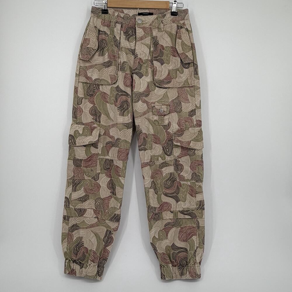 Forever 21 Small Abstract Spiral 100% Cotton Cargo Joggers Neutral Tan Red Boho